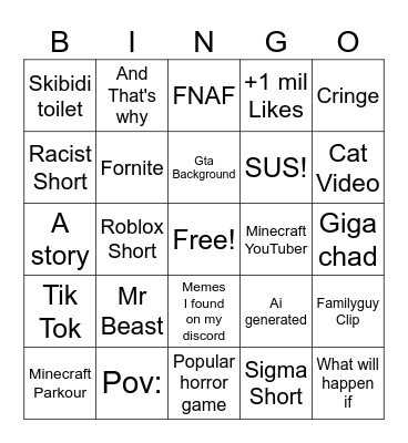 YouTube shorts Bingo Card