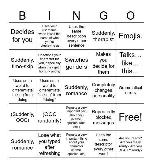 Character AI Bingo! Bingo Card