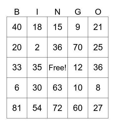 Multiplication Bingo Card