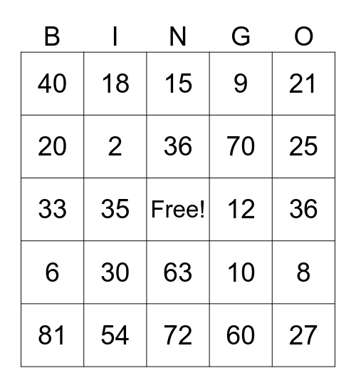 Multiplication Bingo Card