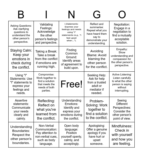 Conflict Resolution Bingo Card