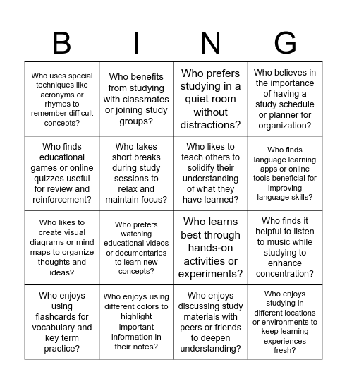 Different Learning and Study Skills Bingo Card