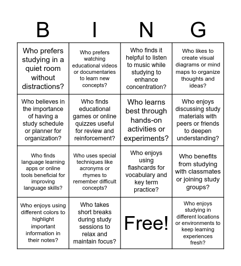 Different Learning Skills Bingo Game Bingo Card