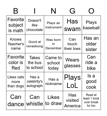 English Class Bingo Card