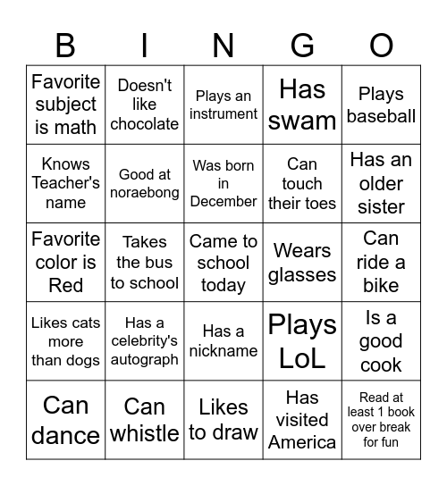 English Class Bingo Card