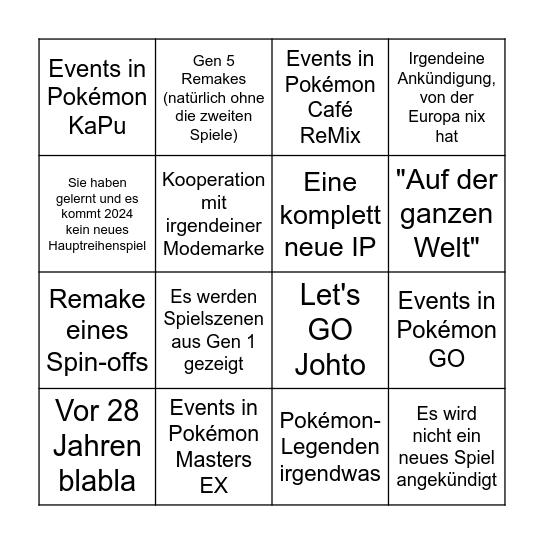 Pokémon Presents Februar 2024 Bingo Card