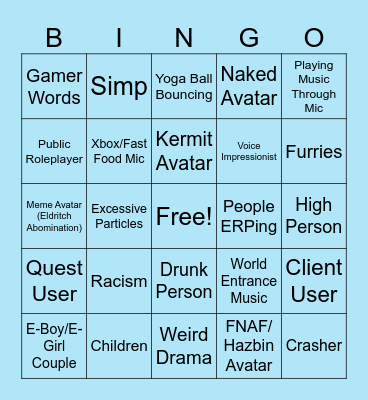 VRChat Public Games Bingo Card