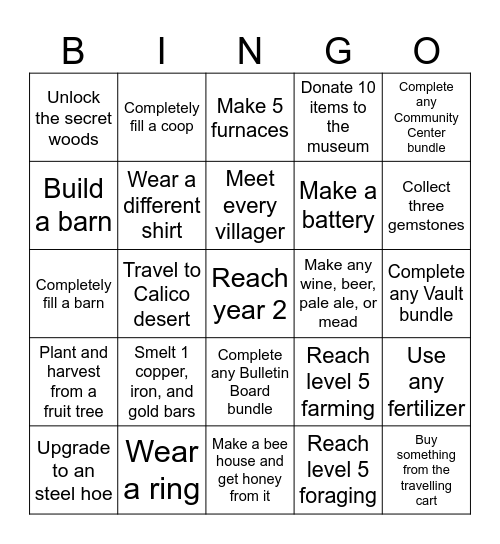 Stardew Valley Challenge Bingo Card