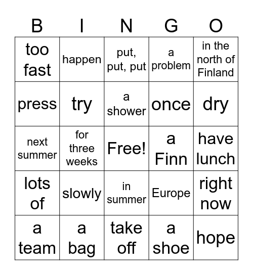 Vocabulary bingo Card