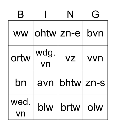 Woordsoortenbingo Card