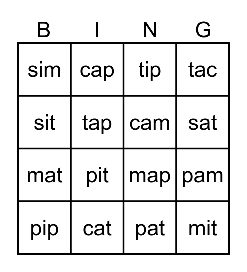 CVC Words Bingo Card