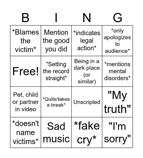 Bad Youtube apology bingo Card