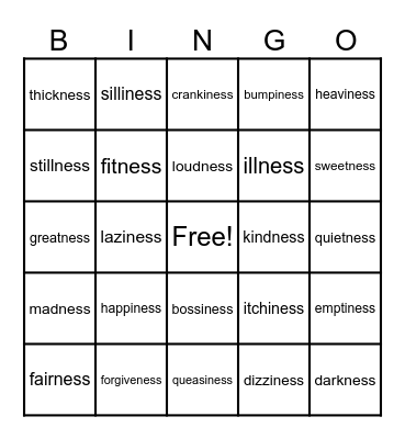 Suffix -ness Bingo Card