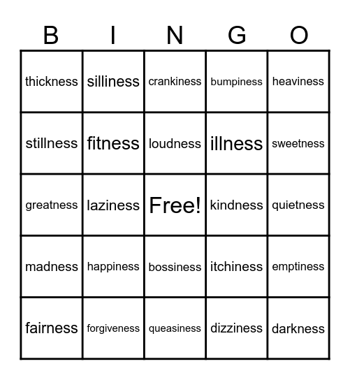 Suffix -ness Bingo Card