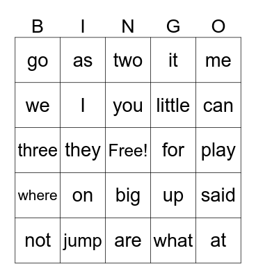 Sight Words Bingo Card