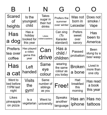 Get to know me Bingo Card