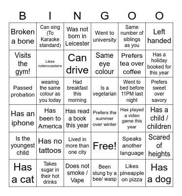 Get to know me bingo Card