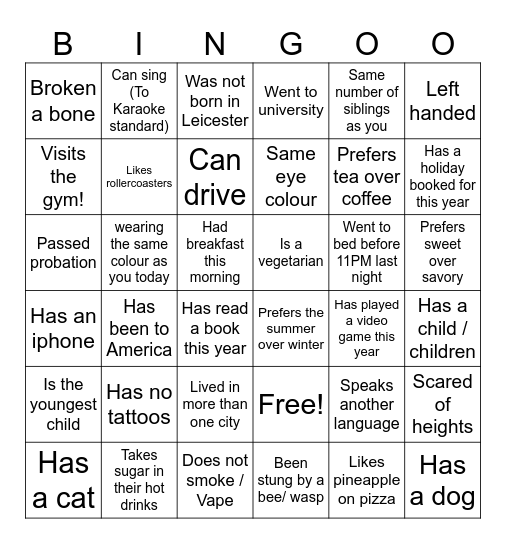 Get to know me bingo Card