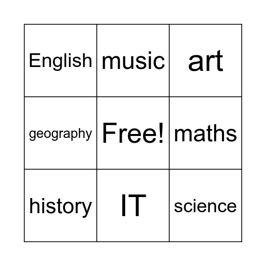 School Subjects Bingo Card