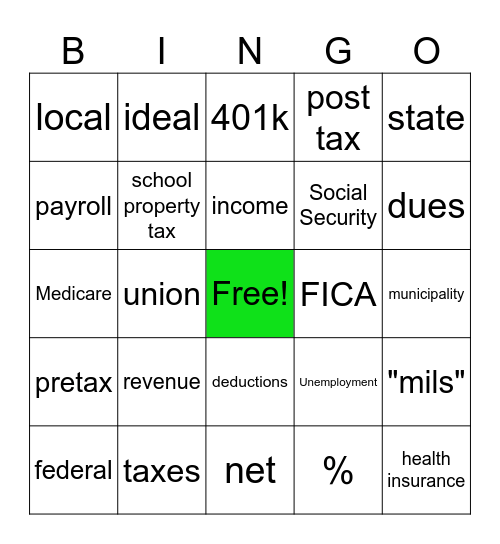 Net Pay & Taxes Bingo Card