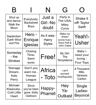 Pop Music Bingo Card