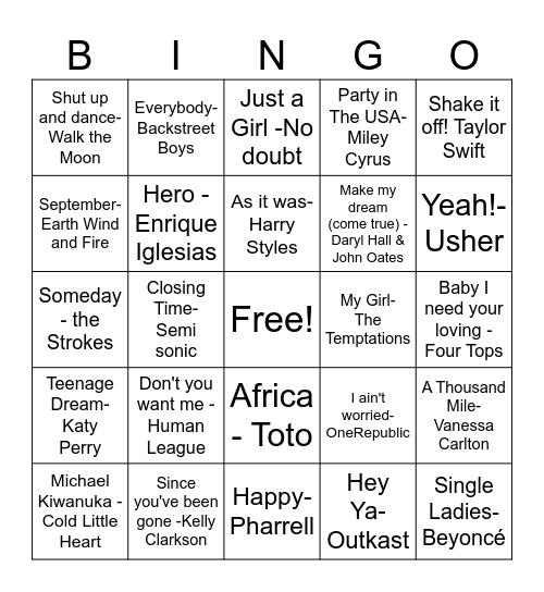 Pop Music Bingo Card