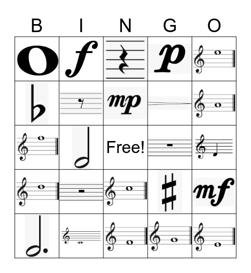 Notes, Rests, Pitches, Accidentals & Dynamics! Bingo Card