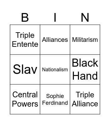 WWI: MAIN Causes - Bingo Card