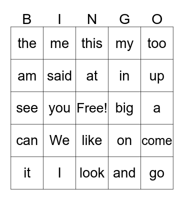 Sight Words Bingo Card