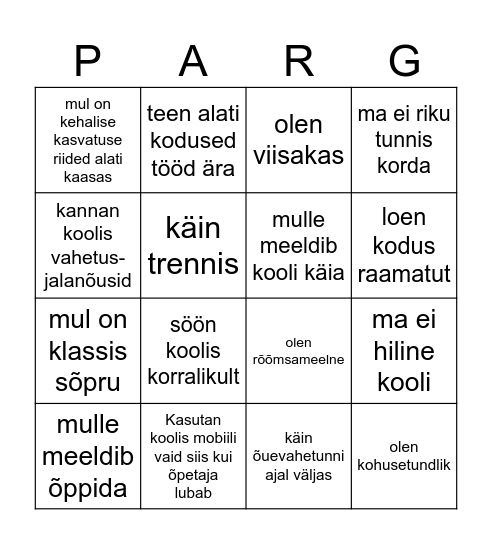 Milline õpilane ma olen Bingo Card