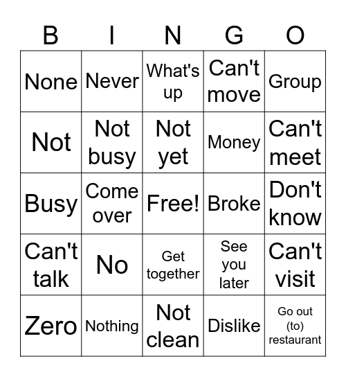 Unit 5 Sign Vocabulary Bingo Card