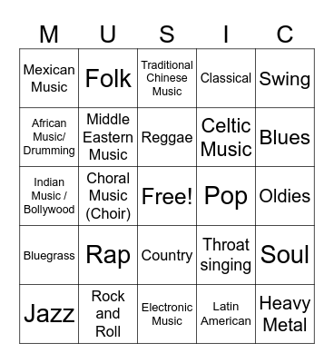 MUSIC GENRE BINGO Card