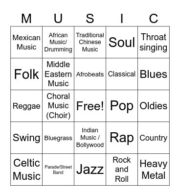 MUSIC GENRE BINGO Card