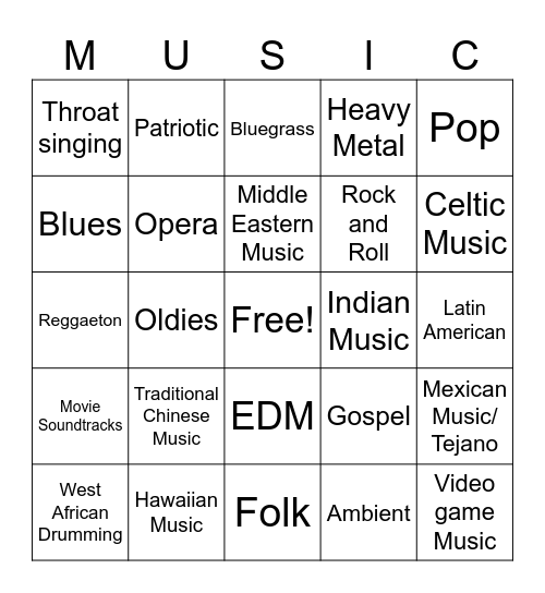 MUSIC GENRE BINGO Card