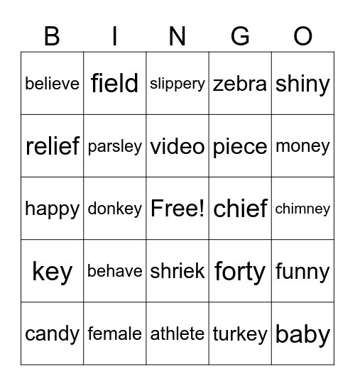 Long E Advanced Spellings Bingo Card