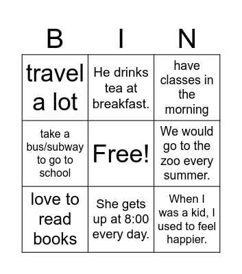 USED TO- WOULD Bingo Card