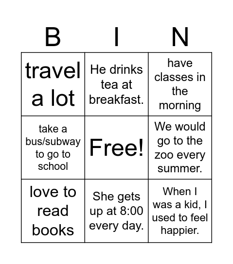 USED TO- WOULD Bingo Card