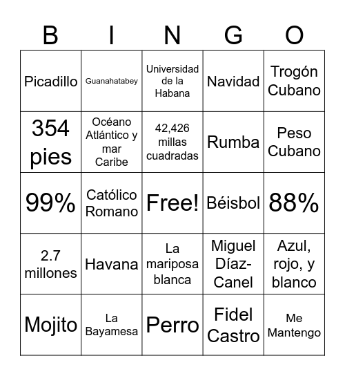 Cuba Bingo Card