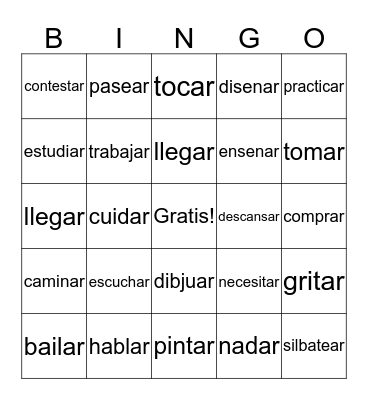 Regular Verbs Ending in 'Ar' Bingo Card
