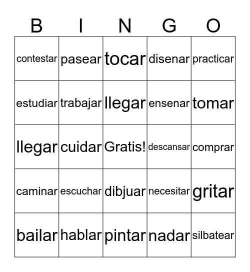 Regular Verbs Ending in 'Ar' Bingo Card