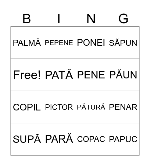 Litera P Bingo Card