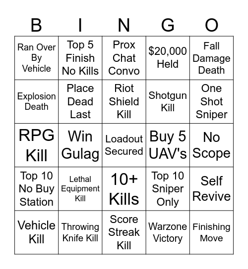 Warzone Bingo Card