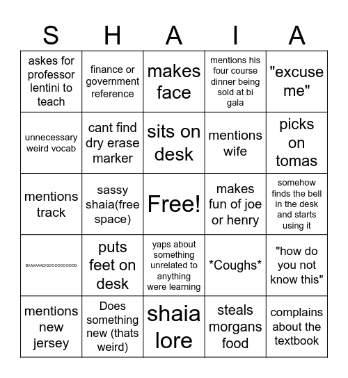 MR.SHAIA BINGO Card