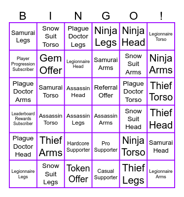 Skin Subscription Bingo Card