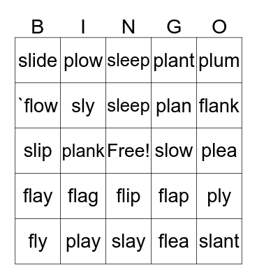 "fl", "pl" and "sl" sounds Bingo Card