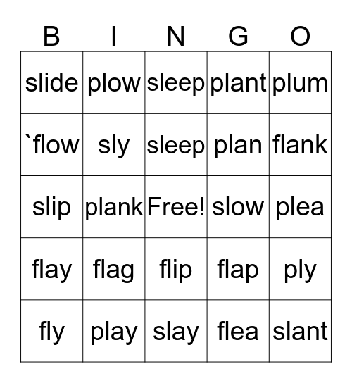 "fl", "pl" and "sl" sounds Bingo Card