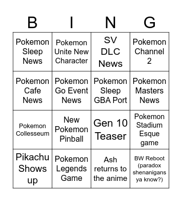 Pokemon Direct Bingo Card