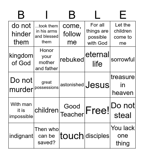 May 15 - Mark 10:13-23; 26-27 Bingo Card