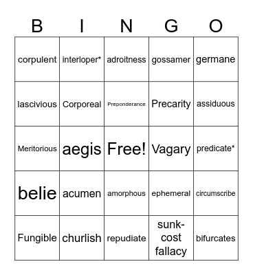 Vocabulary 1 Bingo Card