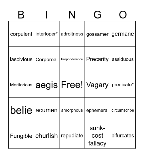 Vocabulary 1 Bingo Card